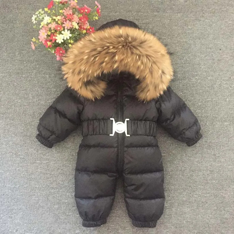 Russian Winter Boys Girls 1-5Y Winter Overalls Baby Rompers Duck Down Jumpsuit Real Fur Collar Children Outerwear Kids Snowsuit