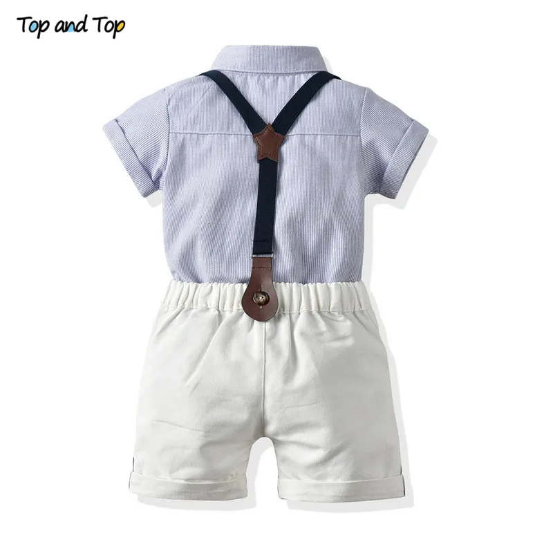 Conjunto de ropa de Top y Top para bebé, camisa de manga corta de caballero y pantalones cortos de tirantes, trajes de 2 piezas, conjunto de ropa