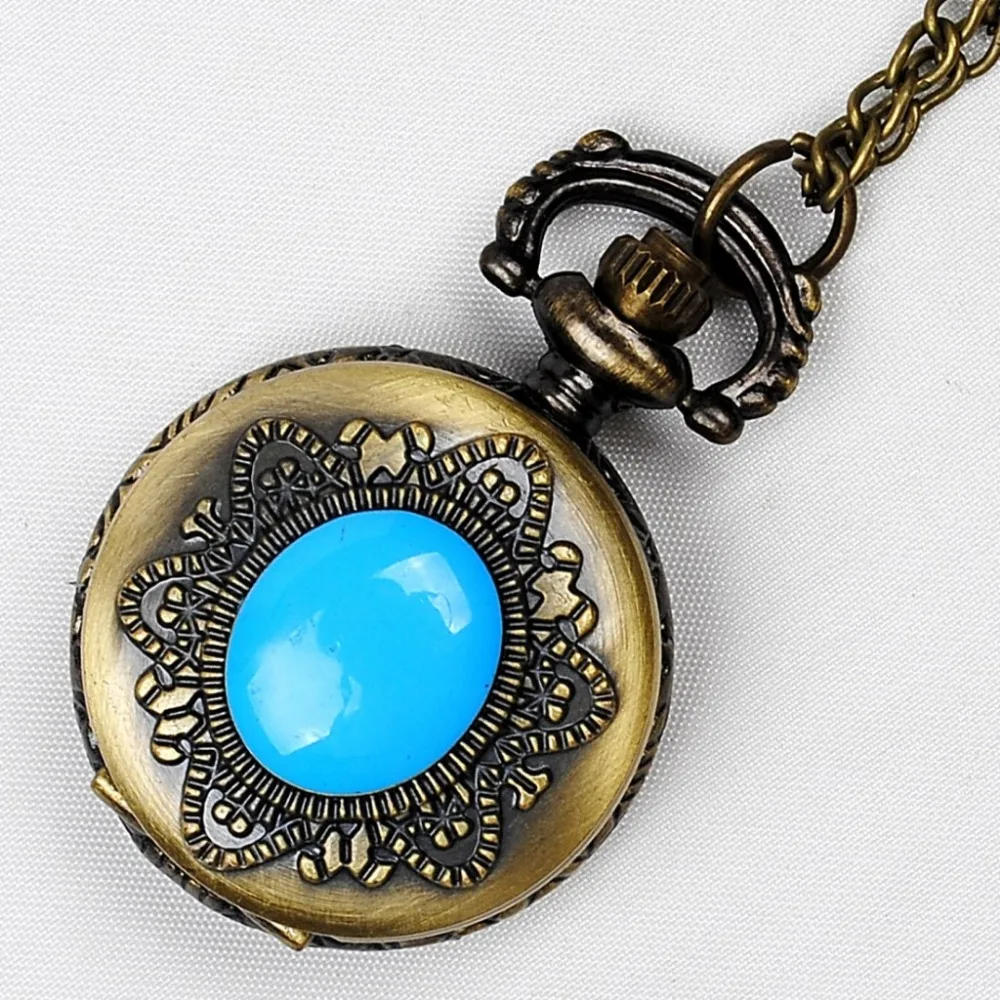 

6037 Small Size Colored Jewelry Engraved Pocket Watch Opal Design Vintage Fob Watch Hot Sale Trendy Bronze Retro Pedant Montre