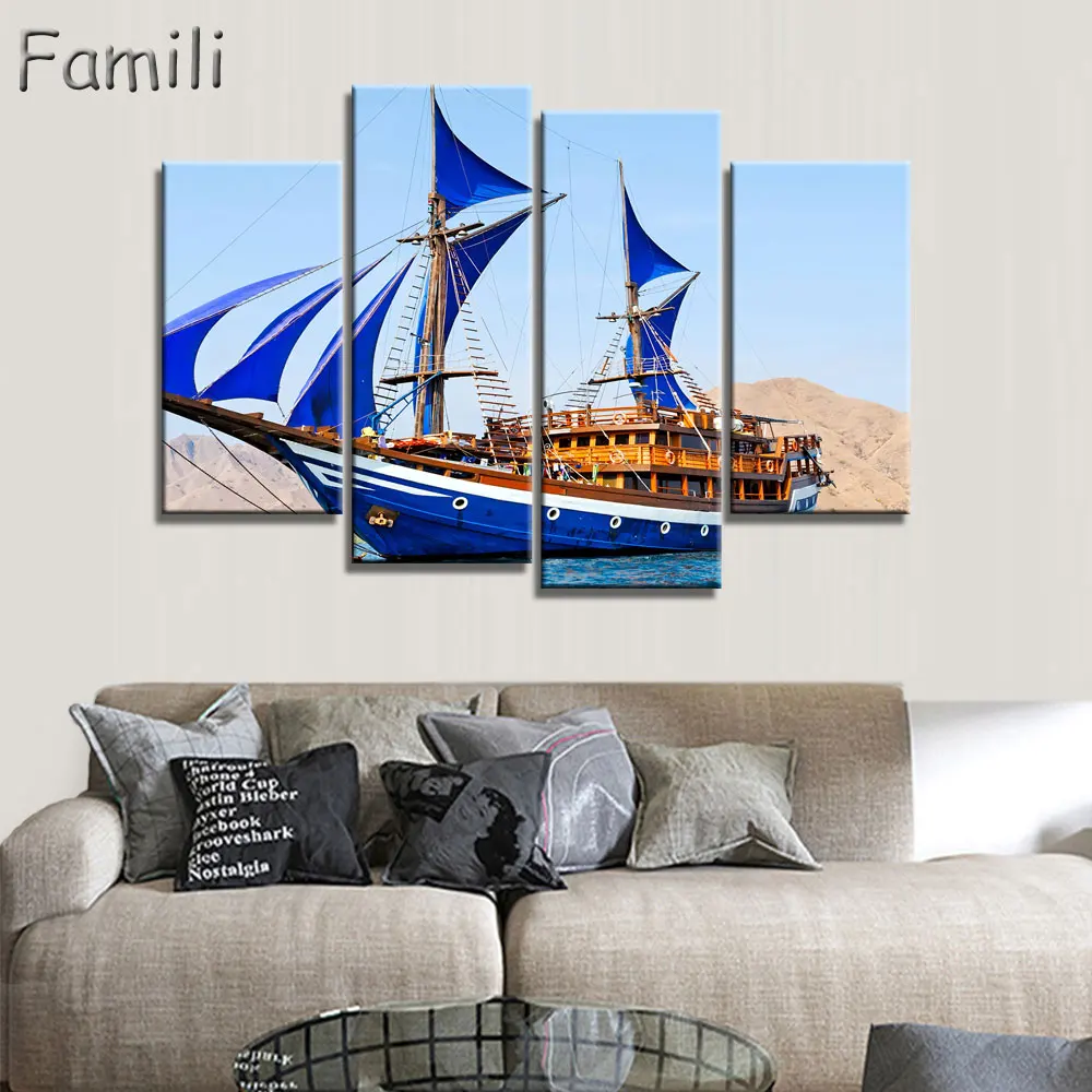 

4Pcs Antique Sailing Boat Seaview Picture Painting Home Decorative Art Landscape Print On Canvas Oil Painting Posters