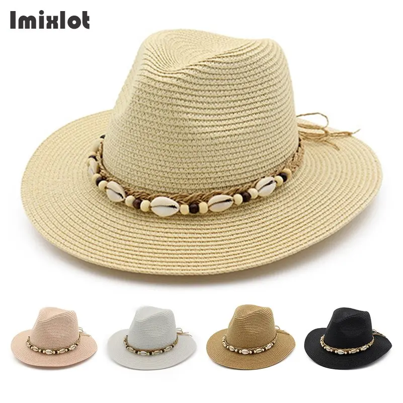 

Summer Hats For Women England Style Wide Brim Straw Hats Sun Visor Shell Beads Hat Panama Travel Beach Hat Women's Strawhat