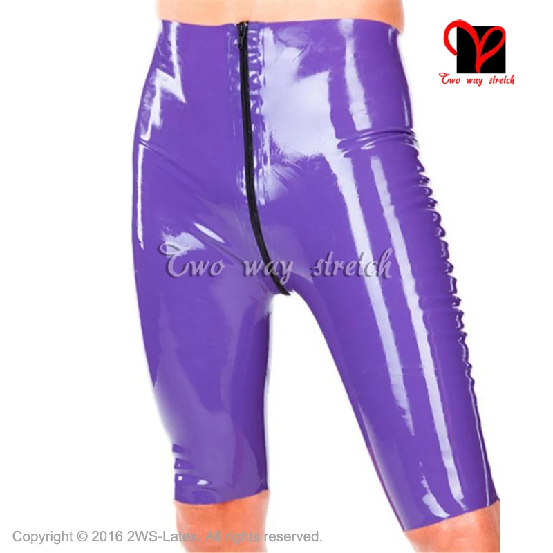 

Sexy Latex long leg boxer shorts front full Zipper to crotch Rubber underwear Hot Pants Gummi Bermuda Bottoms Hot Pants KZ-131