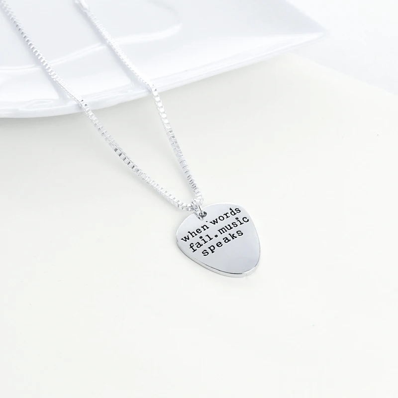 High Quality Letter Pendant Choker When  Words Fail Music Speaks Silver Necklace Guitar Pick collier femme jewelry collier anime