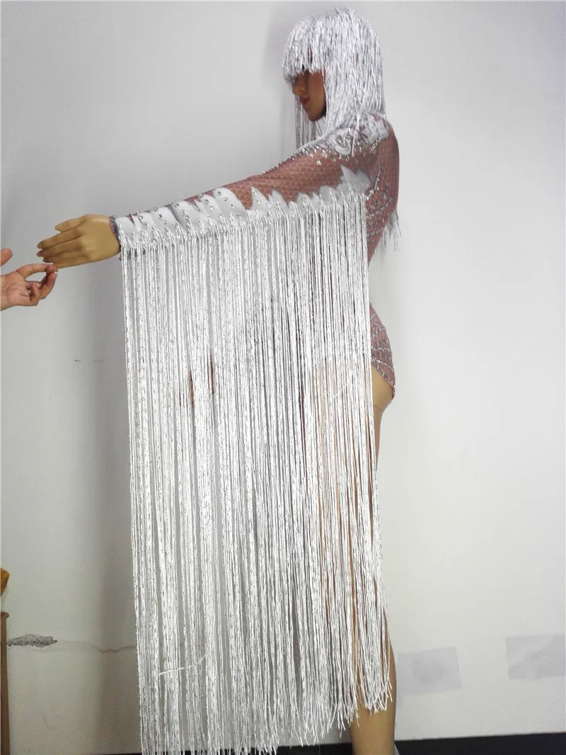 Body à franges blanches avec strass scintillants pour femmes, Costume de danse Sexy pour discothèque, DJ danseuse, chanteur, spectacle, vêtements de scène