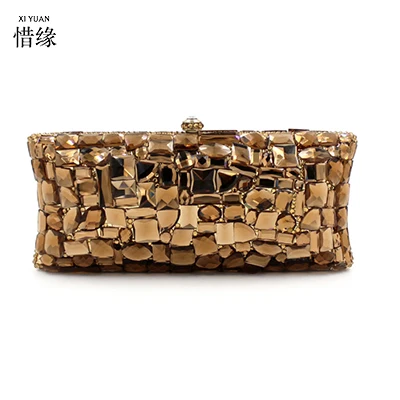 XIYUAN-Bolso de mano con diamantes de imitación para mujer, bolsa de noche con piedras, color marrón, para fiesta, Boda nupcial