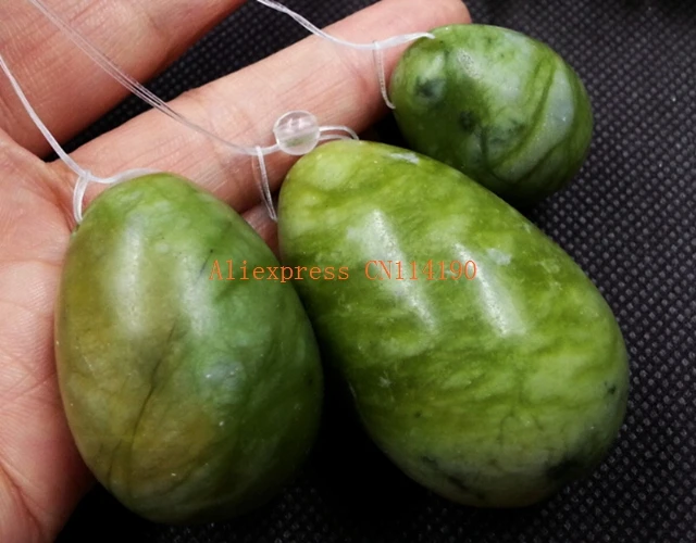 50sets/lot Free Shipping 3pcs/set Natural green stone drilled jade eggs Stone egg For kegel exercise