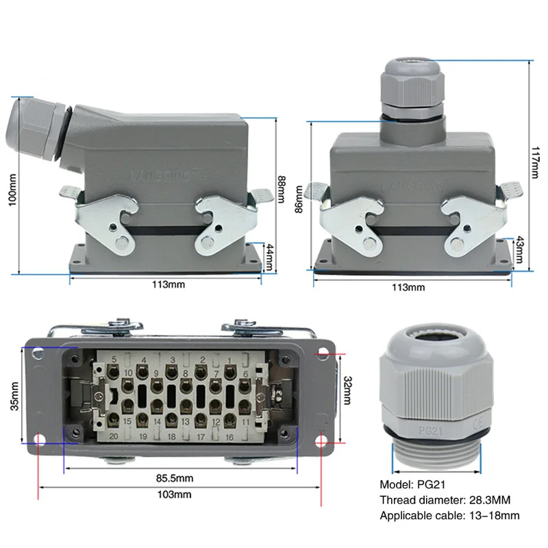 

HDC-HE-20 Rectangular Heavy Duty Connector Industrial Aviation Waterproof And Dustproof Plug Socket