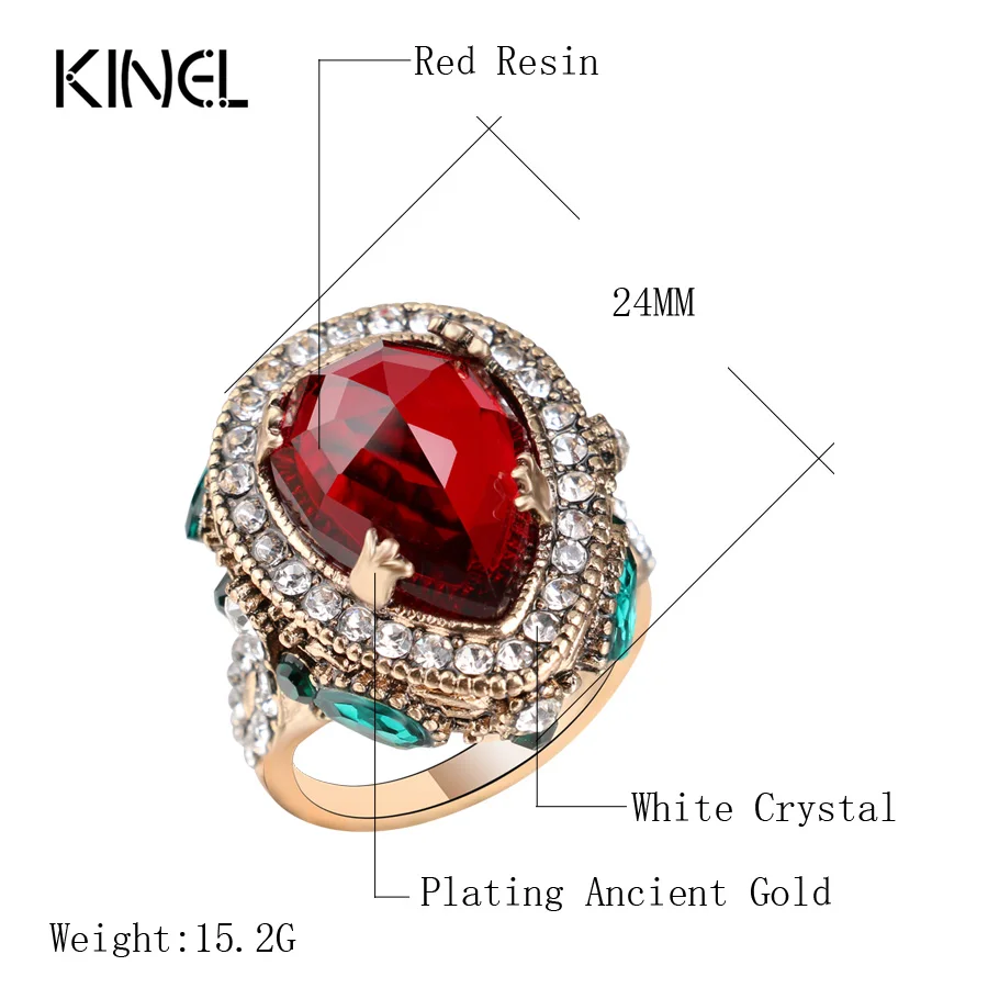 2017 New Luxury Vintage Wedding Rings For Women Red Crystal Color Antique Gold Punk Party Cocktail Ring Turkish Jewelery