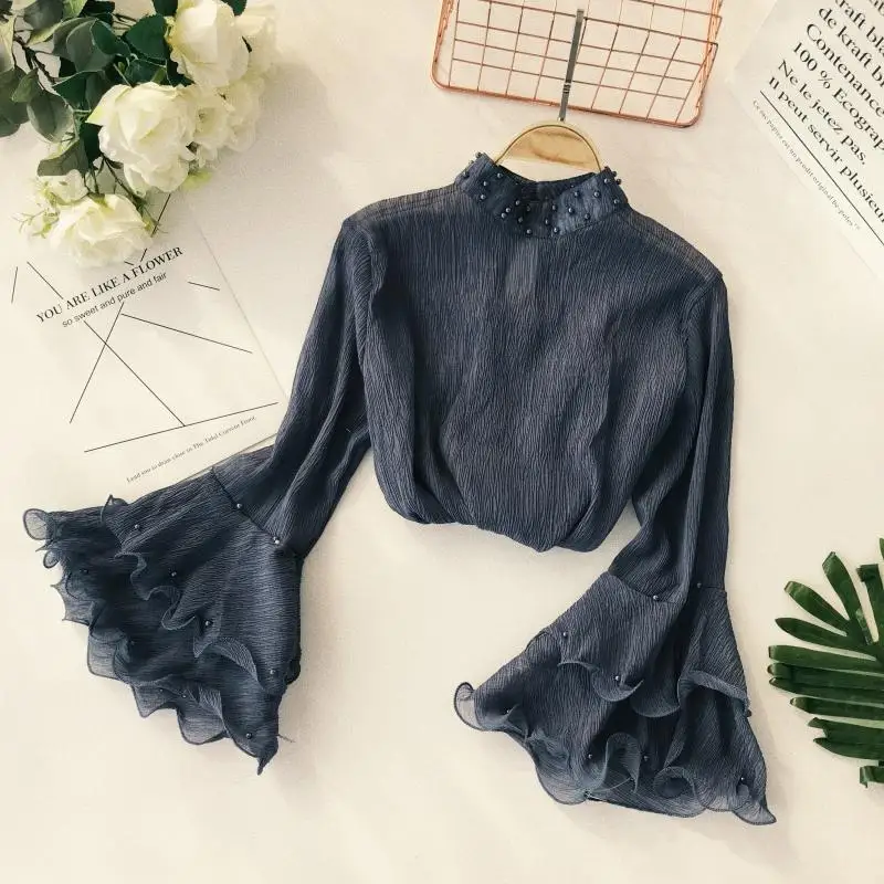 2018 autumn new female stand collar beading ruffles slim shirts women\'s flare sleeve vintage elegant blouses women top