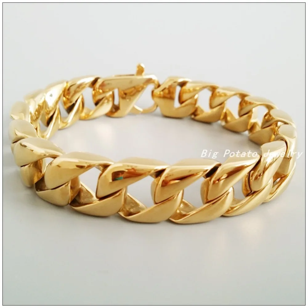 22cm*15mm New Fashion Bright Color Jewelry 316L Stainless Steel Gold  Men\'s&Boy\'s Bracelets Bangles,Perfect Technology