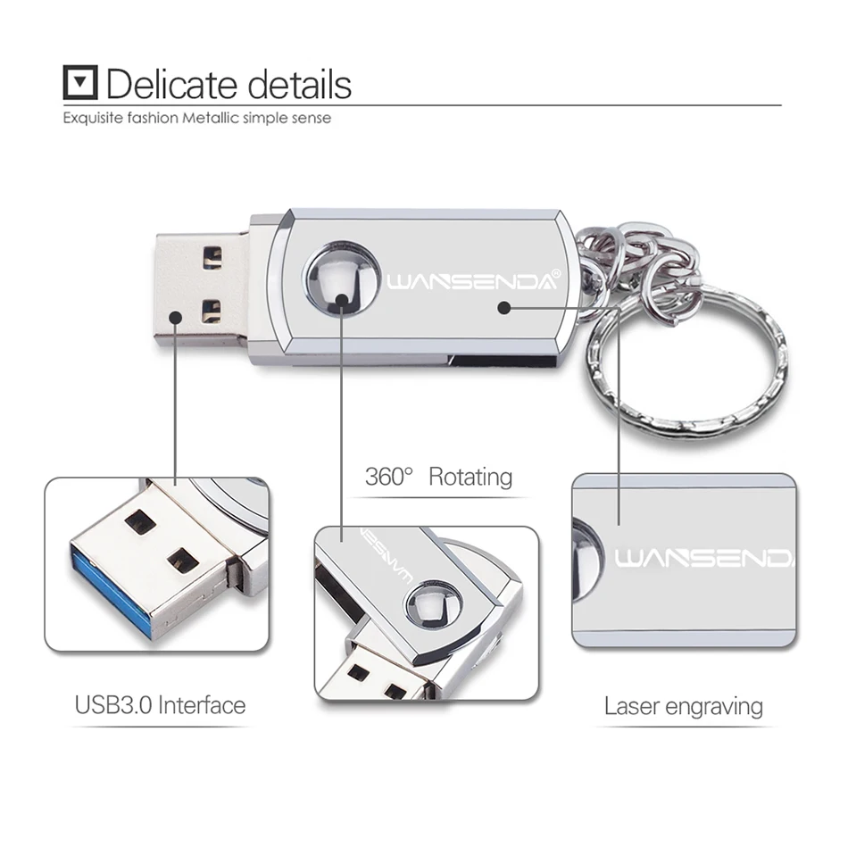 Wansenda Metal USB Flash Drive USB 3.0 Key Chain Pen Drive 256GB 128GB 64GB 32GB 16GB 8GB Cle USB Stick Stainless Steel Pendrive