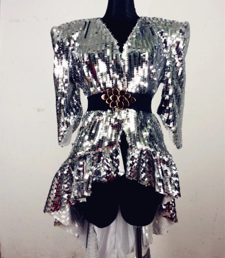 

Female Tuxedo Costume Silver Golden Shoulder Pad Sequin Dress for Costume Stage Dance Singer Show