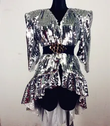 Female Tuxedo Costume Silver Golden Shoulder Pad Sequin Dress for Costume Stage Dance Singer Show