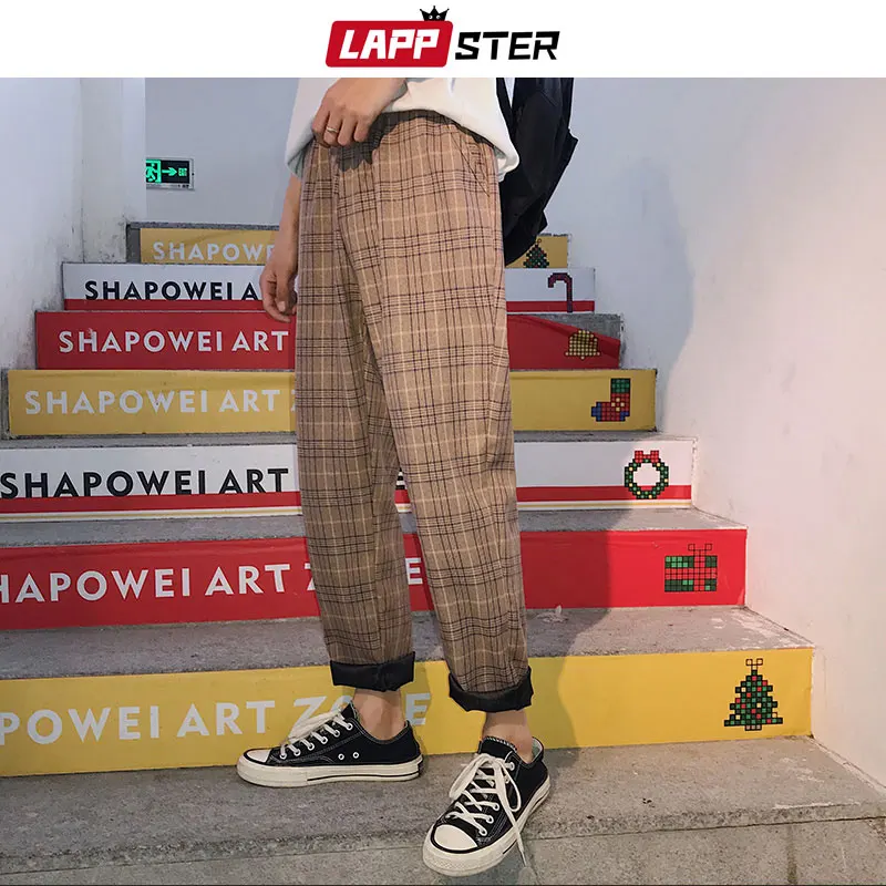 LAPPSTER Streetwear Yellow Plaid Pants Men Joggers 2023 Man Casual Straight Harem Pants Men Korean Hip Hop Track Pants Plus Size