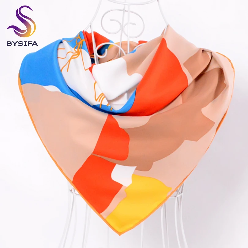 [BYSIFA] Ladies Pink Silk Scarf Shawl Fashion Accessories Twill Large Square Scarves Wraps 90*90cm Geometric Pattern Scarves