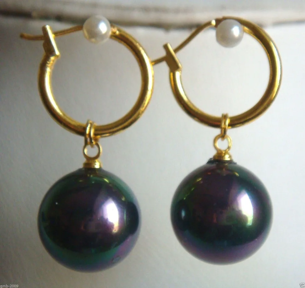 

Hot sale new Style 14mm Tahitian Rainbow Black South Sea Shell Pearl 14 GP Dangle Earrings AAA+