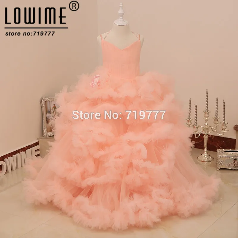 Princess Pink Flower Girl Dresses Custom Made Ball Gown Puffy Pageant Dresses For Girls Glitz Tiered Cloud Kids Prom Dresses