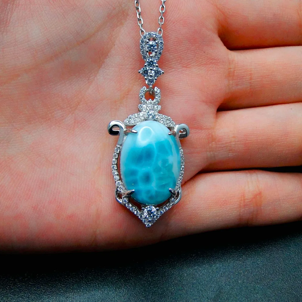 

925 Sterling Silver Jewelry Pendant Inlaid Real Big Oval 18x13MM Natural Larimar Pendant Charm for Birthday Gift without Chain