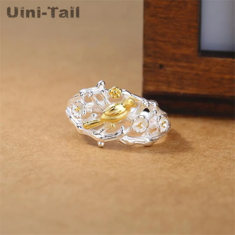 Uini-Tail hot new 925 Tibetan silver golden bird branch flower opening ring female national style fashion trend jewelry  JZ111