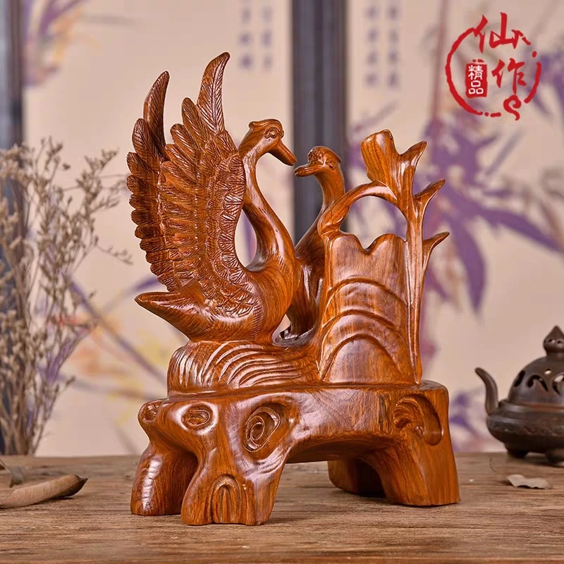 Wood carving 100 years of good combination decoration wedding gifts decoration handicraft Swan shape decoration Bogu shelf decor