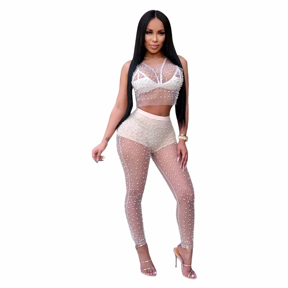 

2019 NEW Mesh Pearls Beading Sexy Two Piece Set Summer Outfits See Through Crop Tops and Pants Suit Matching 2 Piece Set Women