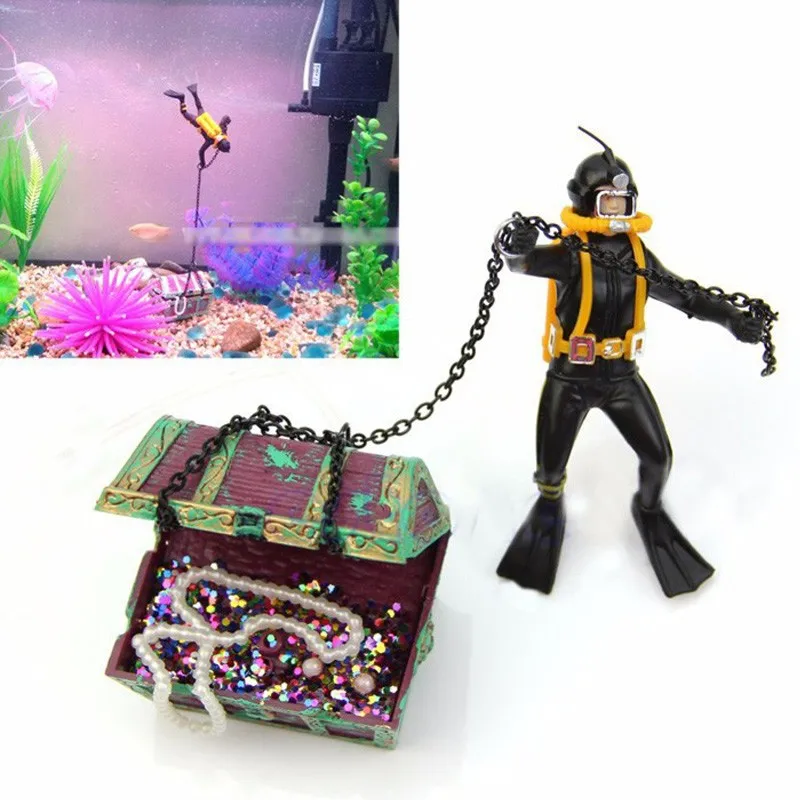 New Artificial Aquarium Treasure Hunter Decoration Fish Tank Ornament Frogman Diver Figure with Sinking Chest Used With Air Pump