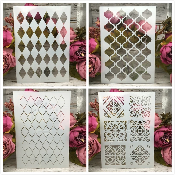 4Pcs/Lot A4 Geometry Square Texture DIY Layering Stencils Painting Scrapbook Coloring Embossing Album Decorative Card Template