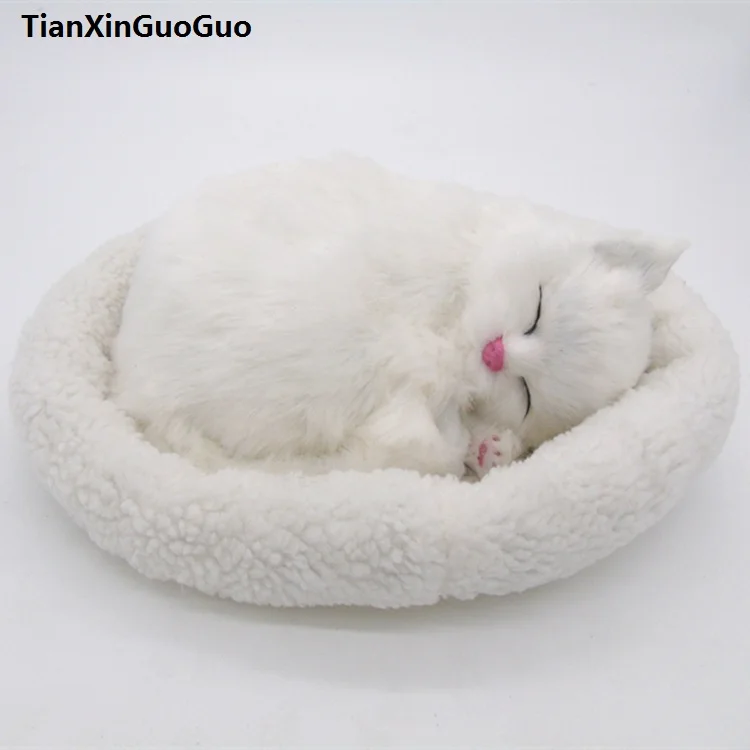 

large 26x17cm white sleeping cat hard model polyethylene&furs breathing cat prop,home decoration toy gift s1810