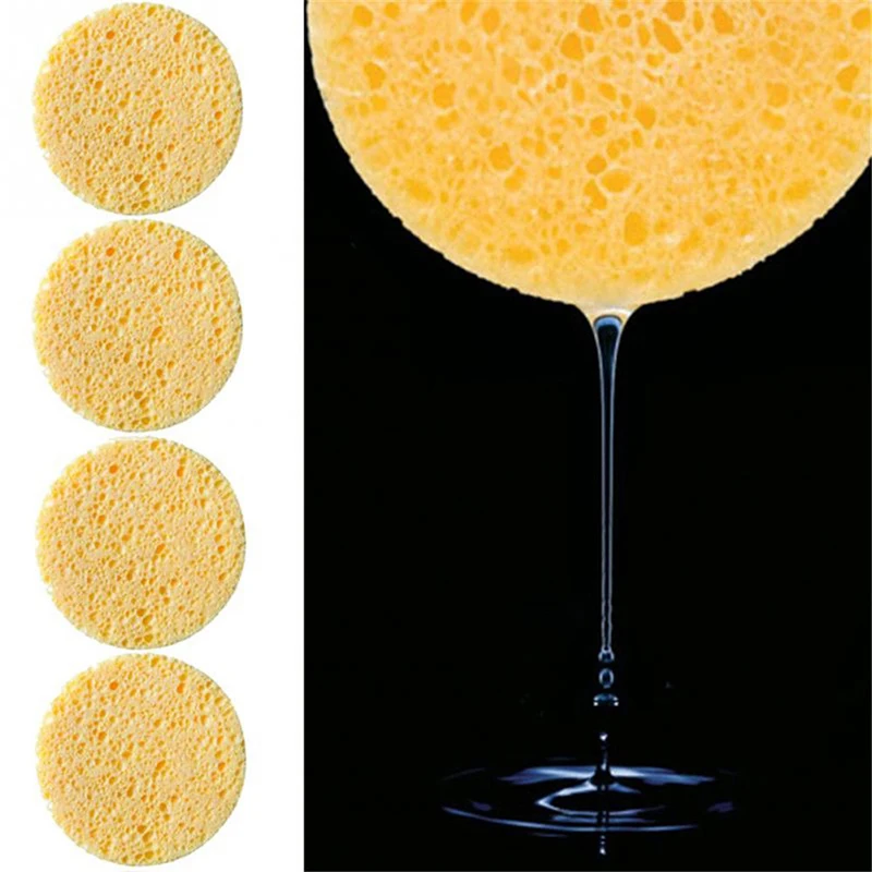 10 PCs Natural Wood Fiber Face Wash Cleansing Sponge Beauty Makeup Tools Accessories Round Yellow 8cm Dia