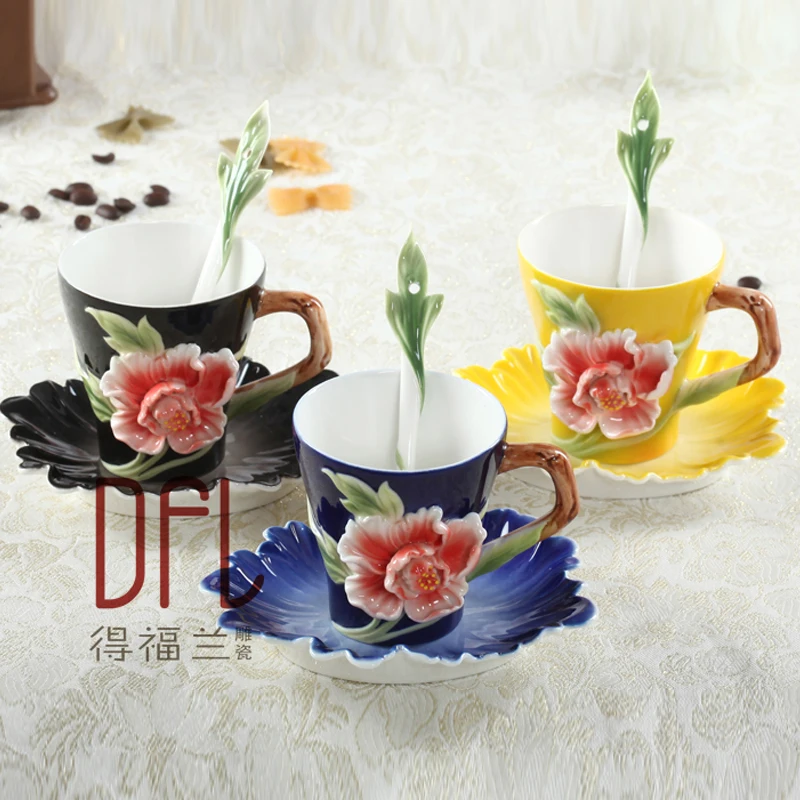 Enamel Painted Coffee Cups Bone China Peony Hand-carved Cup with saucers scoop creativity marriage birthday gift valentine\'s day