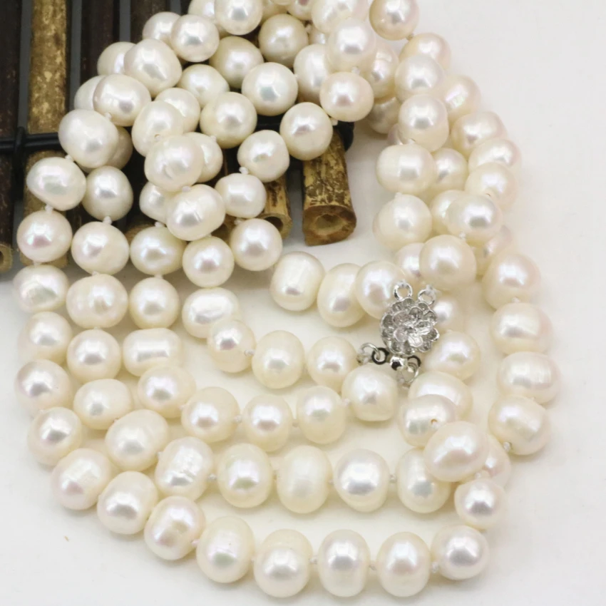 Natural white freshwater cultured 8-9mm pearl beads necklace for women 2 rows chain hot sale gifts choker jewelry 18inch B3229