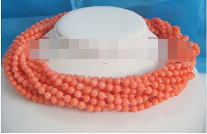 

Charming 18" 10row 5mm perfect round pink coral necklace + Flower clasp