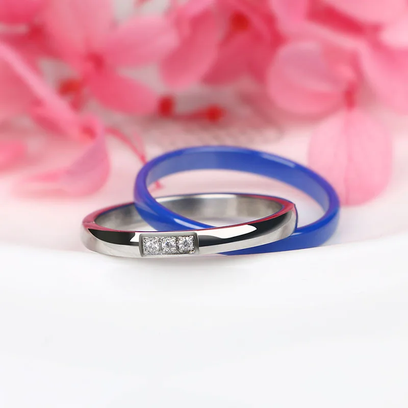 New Fashion Blue Silver Cross Rings With Crystal for Women Blue Pink Ceramic Stainless Steel Finger Rings Women Wedding Jewelry