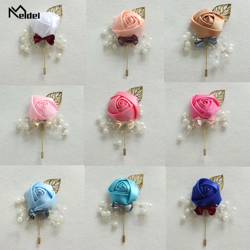 Meldel Wedding Boutonniere Prom Corsage 의식 꽃 남자 브로치 핀 화이트 웨딩 Boutonniere 신랑 단추 구멍 리본 꽃