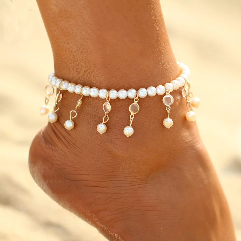 Fashion Imitation Pearl Crystal Fringe Elastic Bracelet Anklet Personality Street Photo Beach Catwalk Chain Foot Jewelry