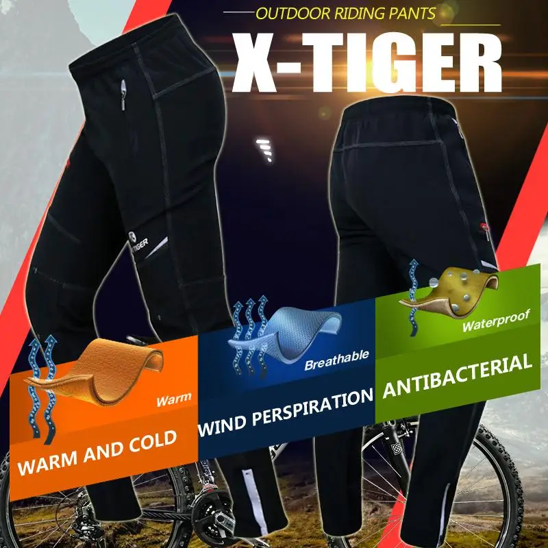 X-TIGER Multifunction Winter Fleece Thermal Reflective Cycling Pants Elastic Waist Long Bicycle Pants Windproof Bike Trousers