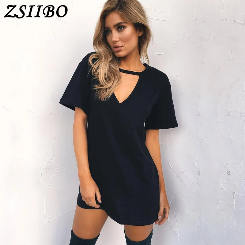 Summer Women Tshirt mini Dress Choker V-neck Dresses Short Sleeve Casual Sexy Halter Boho Beach Dress Vestidos MINI Size