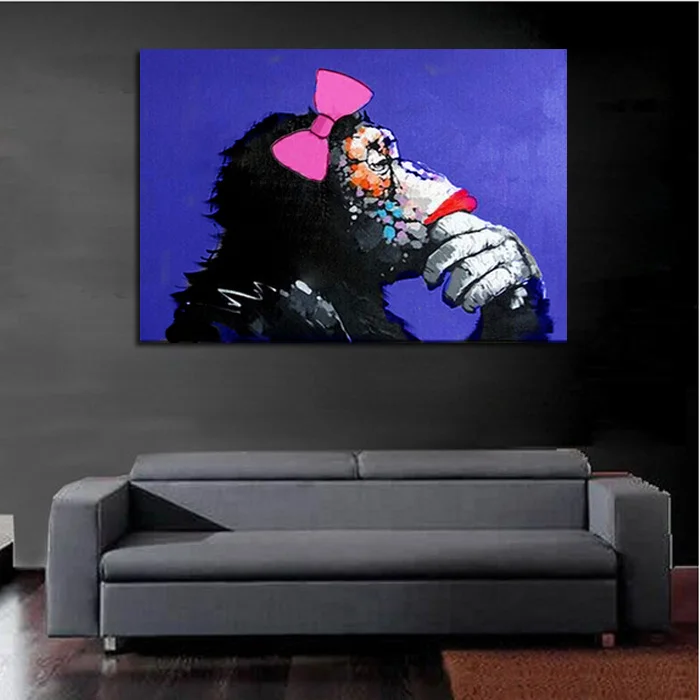 Contemporary Thinker Monkey Hand Painted Canvas Oil Painting, Creative Animal Portrait Wall Art For Interior Decor
