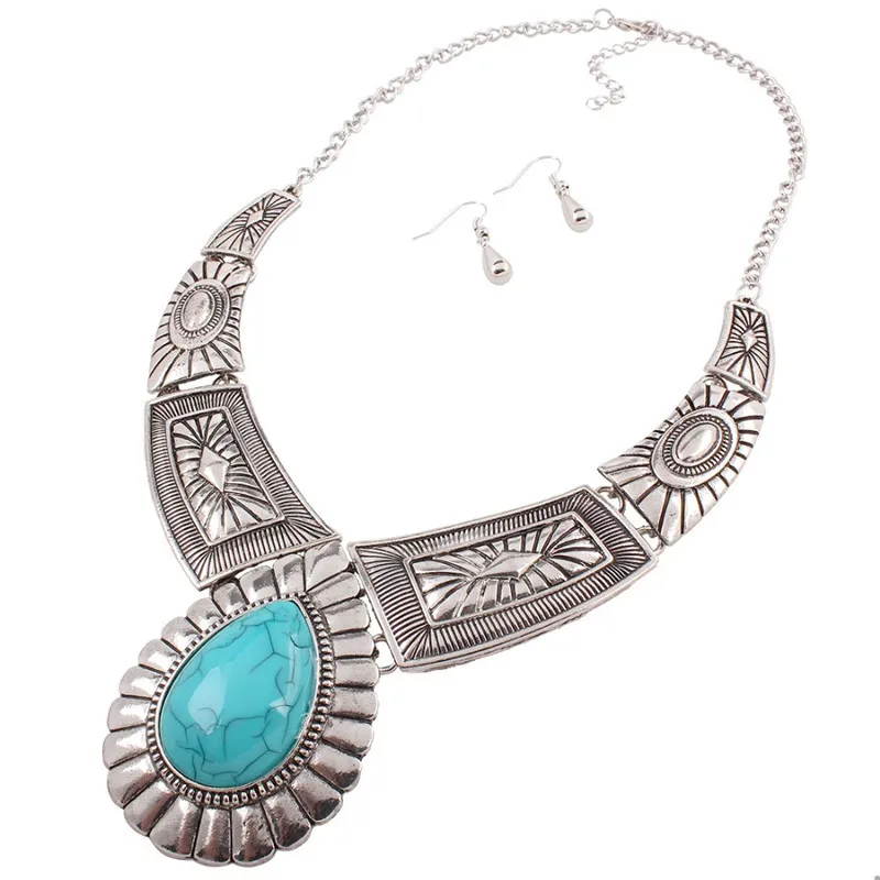 Vintage Indian Jewelry Set Women Alloy Choker Resin Punk Necklace Earring Set Statement Pendant Chain Necklace Set Duftgold