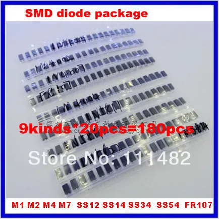 9kinds*20pcs=180pcs/lot SMD diode package / M1 M2 M4 M7 SS12 SS14 SS34 SS54 FR107