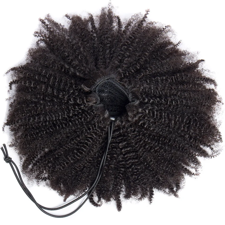 Alibele-extensiones de cabello humano mogolan Afro rizado, coleta con cordón, 4B, 4C, Remy, 10-28 pulgadas de largo, Clip en extensión de cola de caballo