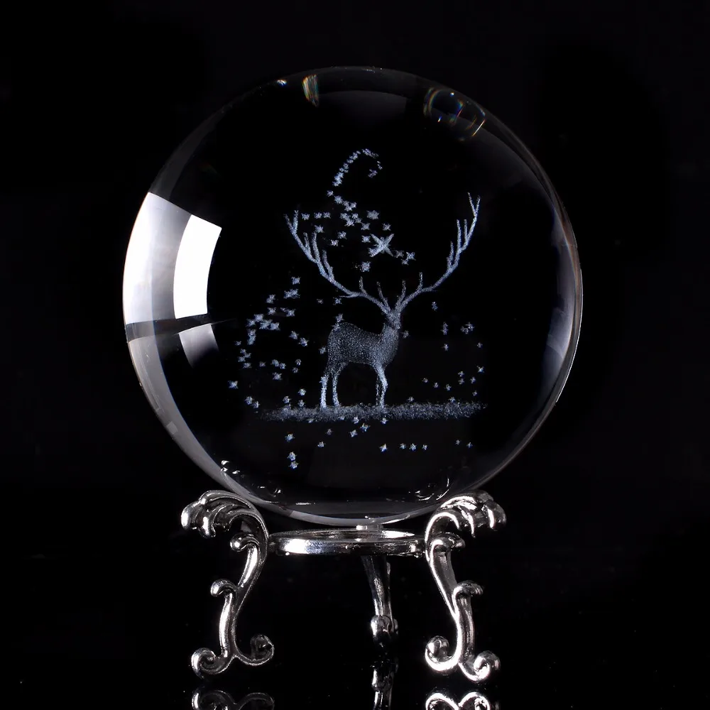 3.15 Inch 3D Elk Crystal Ball Laser Engraved Animal Glass Ball Globe Miniature Model Home Decor Gift Ornament