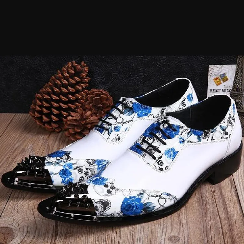 

Zapatos De Vestir Elegant White Print Floral Genuine Leather Hidden Heel Shoes For Men Lace UP Rivets Italian Wedding Oxford