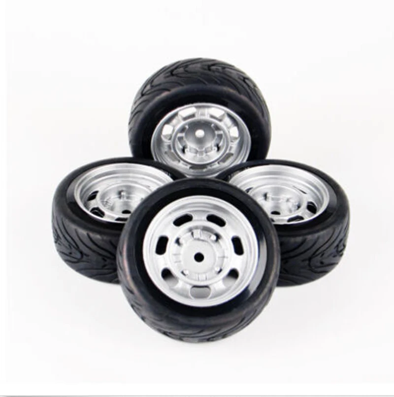 4 Pcs/Set Flat Rubber Tires and Wheel Rim with 6mm Offset and 12mm Hex fit 1/10 HSP HPI RC On Road Racing Car Accessories