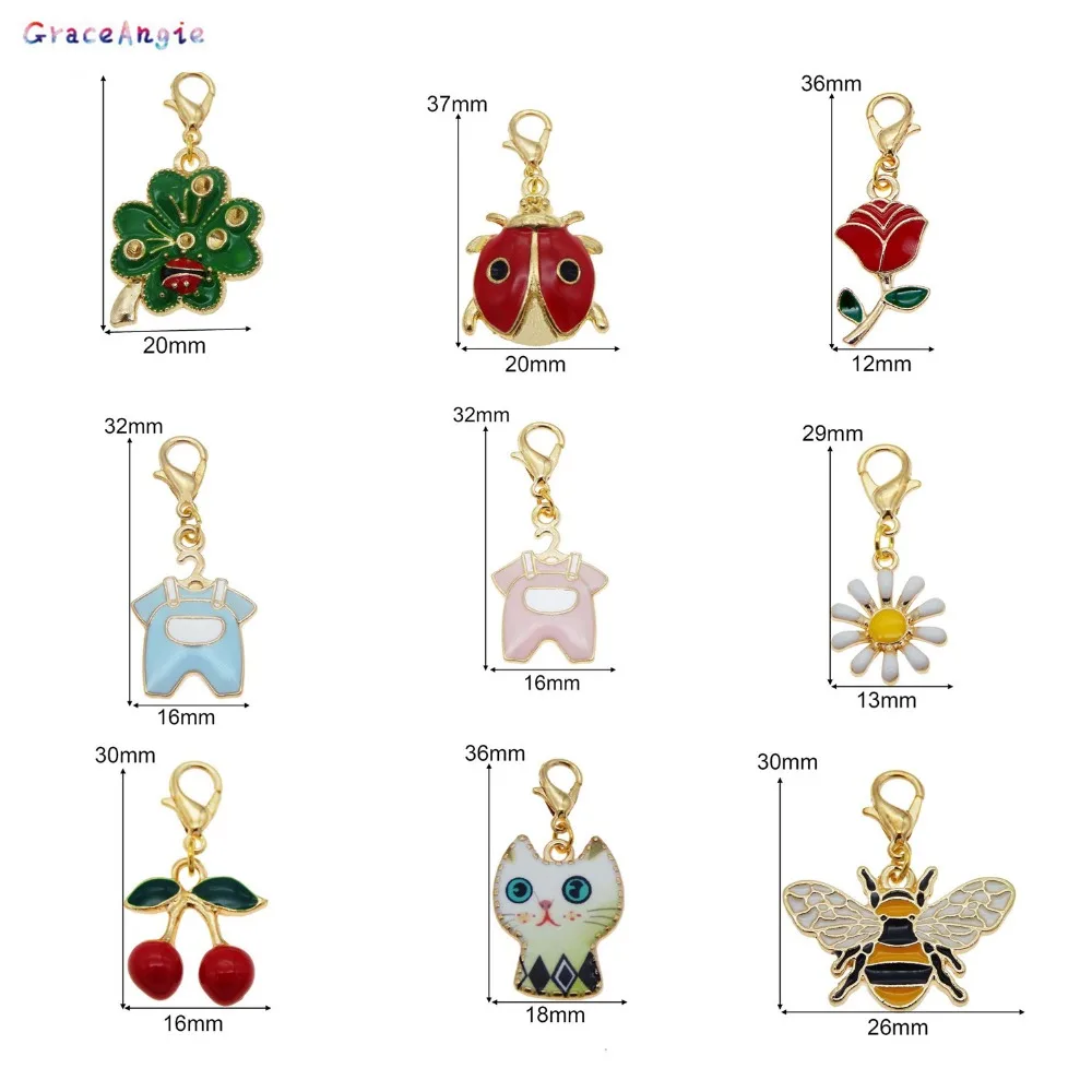 9pcs Dangle Charms Pendant with Lobster Clasp Enamel Cat Rose Bee Ladybug Daisy Cherry DIY Keychain Earrings Jewelry Making