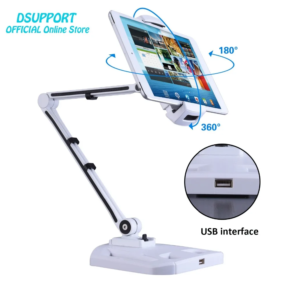 Suporte de alumínio para tablet/smartphone, rotação 360 graus, dobrável, liga de alumínio, 4.7 a 12.2 polegadas, base grande, carregador usb