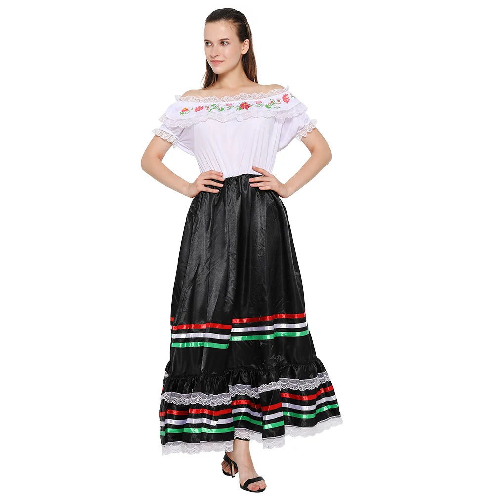 Eraspooky Retro Western Sexy Senorita Costume Women Lace Bohemian Maxi Spainish Off Shoulder Dance Dress Carnival Party