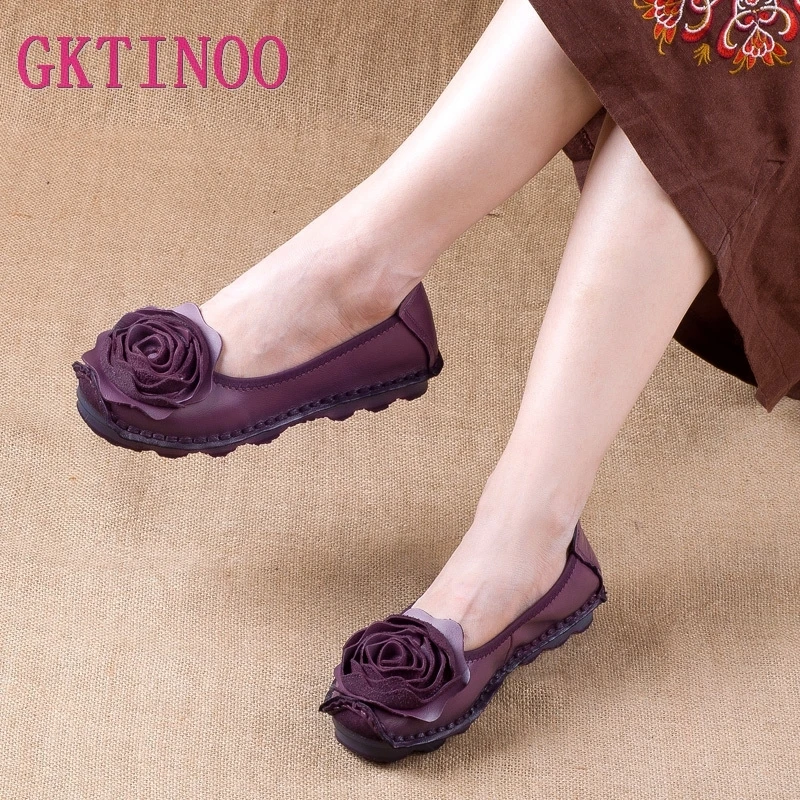 GKTINOO Fashion Flower Design Round Toe Solid Color Flat Shoes Vintage Genuine Leather Women Flats Handmade Women\'s shoes