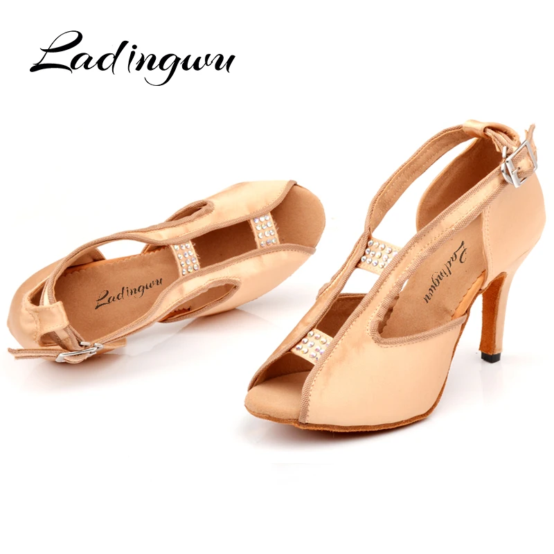 Ladingwu Salsa Dance Shoes Women Apricot Silk Satin Latin Dance Shoes Sotft Bottom Ballroom Dance Shoes Women Heel 6-10cm