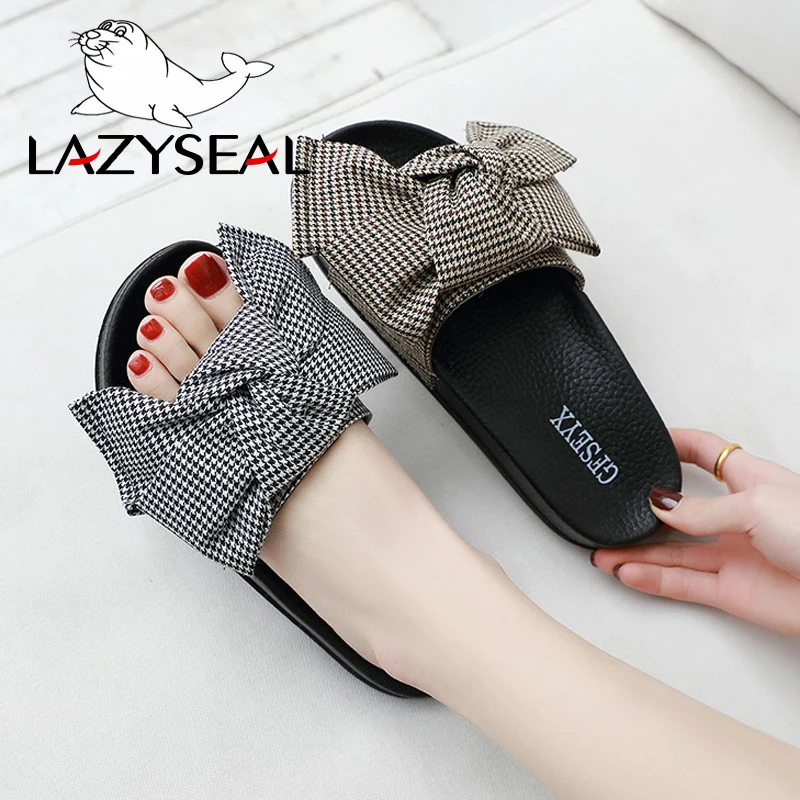 LazySeal Bướm-Nút Thắt Dép Nữ Mùa Hè Nữ Trượt Nhà Dép Phẳng Gót Chanclas Mujer "Bãi Biển Người Phụ Nữ Giày